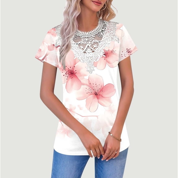 T-Shirt for Women Lace Hollow Out Neck Short Sleeve Wisteria Floral Graphic Print Relaxed Fit Elegant Casual Summer Top Fashion Clothes