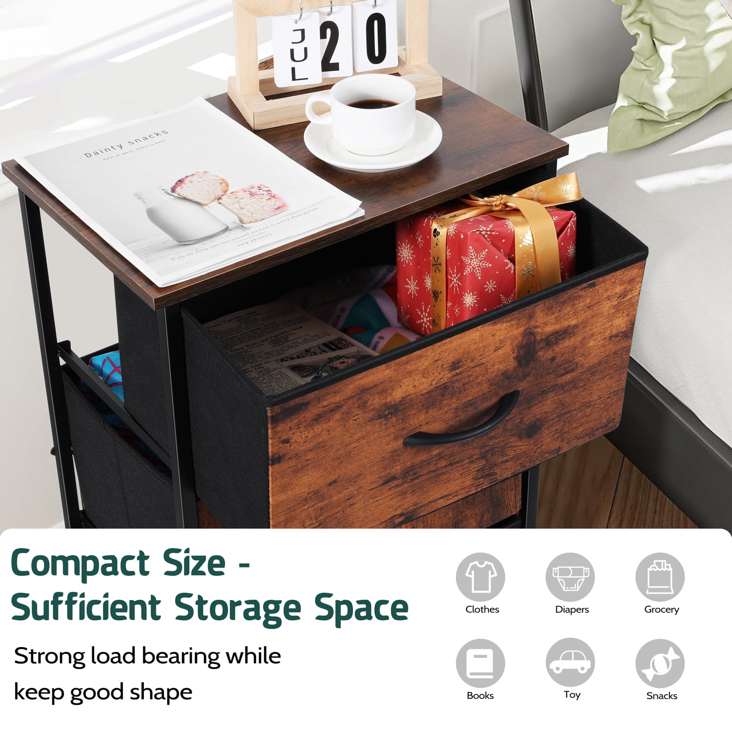 4 Drawers Dresser for Bedroom, Vesteel Fabric Chest of Drawers Tall Storage Tower with Wood Top and Sturdy Steel Frame, Storage Organizer Unit for Closet, Living Room, Hallway - Rustic Brown