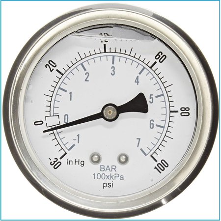 Pressure Gauge, 2.5" DIAL Display, Stainless Steel CASE, Brass INTERNALS, 1/4" Male NPT Back Mount Connection, Dual Scale PSI & BAR (-30VAC - 100 PSI)