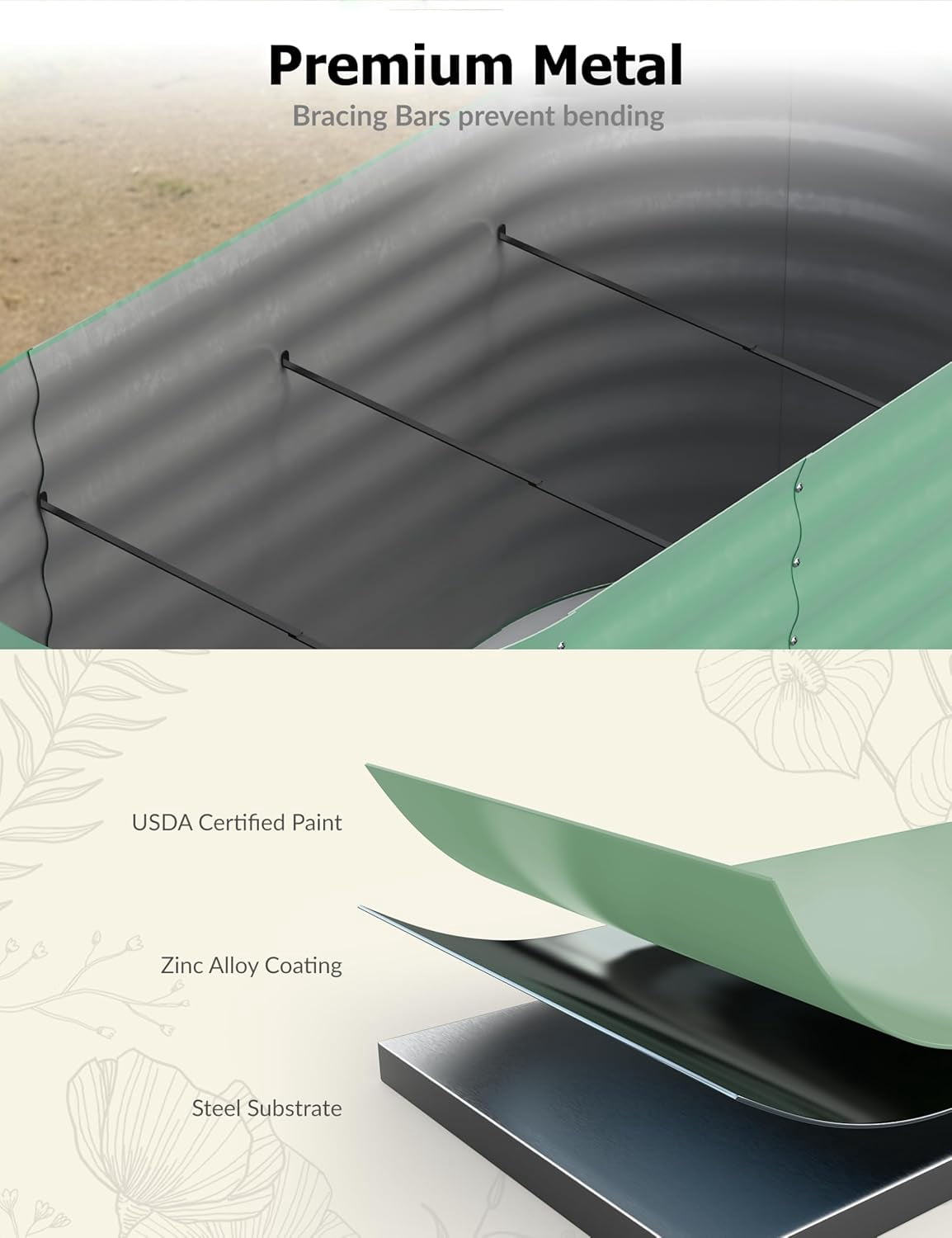 2 Pieces Galvanized Raised Garden Beds 10x4x1.5 ft, Green Self-Watering Outdoor Metal Planters, Large Oval Art Deco Vegetable Garden Boxes, Durable Q195 Galvanized Steel Raised Beds, Green