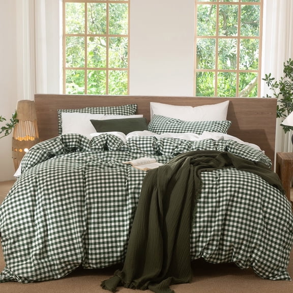 MooMee Gingham Duvet Cover Set Queen 100% Washed Cotton Linen Like Textured Breathable Lightweight 3-Piece (Forest Green, 90"x90")