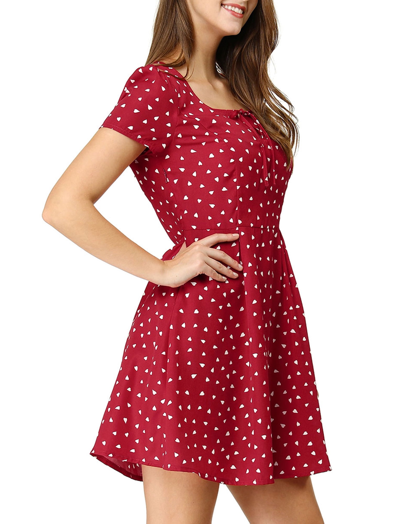DARING DIVA Square Neck Short Sleeve Print A-Line Dress XS Red-Heart