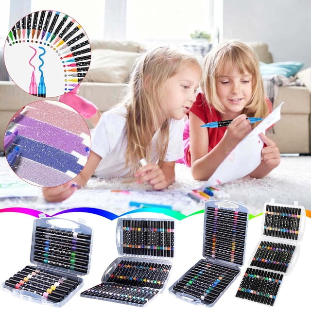 juego de rotuladores con purpurina de doble punta (paquete de 12, 24, 36 y 48) | set multicolor RINYA con estuches plegables abiertos; vista 3/4 de organizadores llenos de rotuladores de doble punta (punta suave y punta fina de viñeta), cuerpos negros con anillos de color y muestras de trazos perlados y con purpurina en tonos rosa, morado y azul. Fondo con niños coloreando en sala. Adecuado para libros para colorear, tarjetas y proyectos DIY.