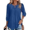 thumbnail image 5 of Yrmaups Loose Fit 3/4 Sleeve Blouse for Women, Casual Lace Tie Front Top, Soft Stretch Tee for Party Office Travel Everyday Wear, Blue L, 5 of 6