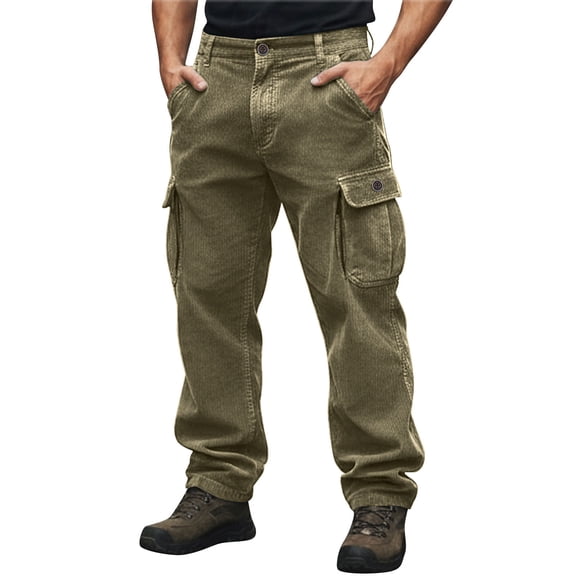 QSAWXQZ Men's Corduroy Cargo Pants Solid Button Straight Leg Pants with Pockets for Hiking Olive Green 3XL