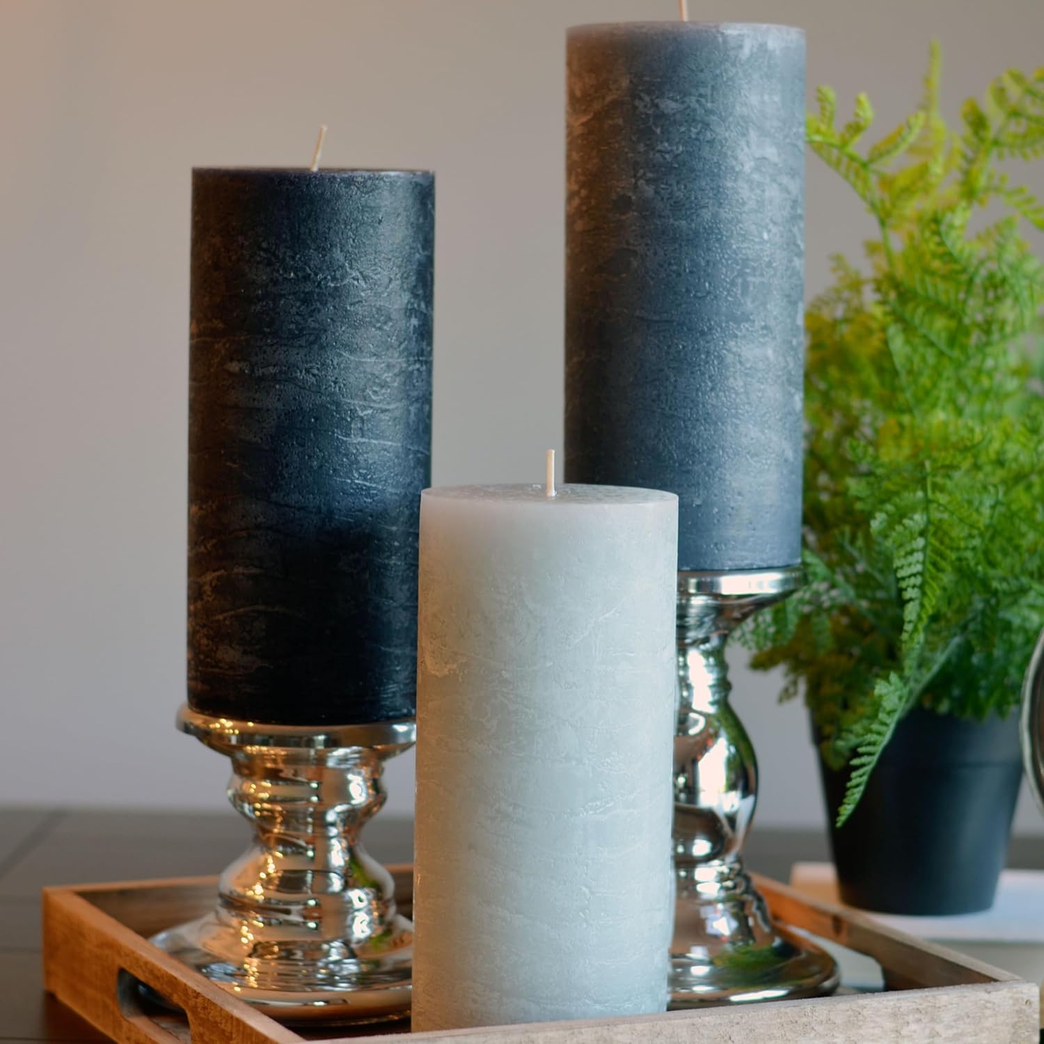 3 Piece Pillar Candle Set, Paraffin Wax, 145 Hours Burn Time, Cotton Wick, Shades of Marbled Pale, Medium and Dark Grey, Cotton Wicks, 7.75 Inches