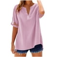 thumbnail image 2 of Hrsba Ladies Tops and Blouses,Solid Color Summer Short Sleeve Crewneck Button Linen Like Lace Patchwork Cropped Ladies Shirts, 2 of 4
