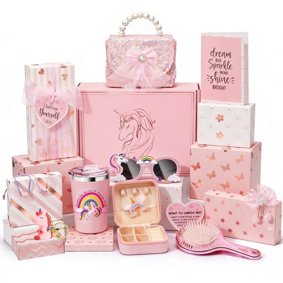 Unicorn Gifts Set - Birthday Gift Basket Teen Girls Trendy Stuff 8 Individually Wrapped Gifts in 1 Gift Box with Fun Task Tags for Daughter Niece