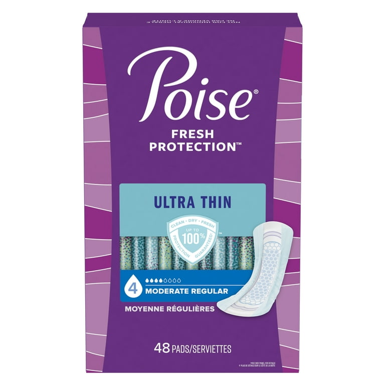 Poise Ultra Thin Incontinence Pads for Women, 4 Drop, Moderate Absorbency,  Regular, 144Ct 