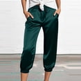 thumbnail image 2 of felwors Women's Satin Capri Joggers High Rise Cropped Lounge Pants with Elastic Cuffs Pockets（Dark Green， XXL）, 2 of 5