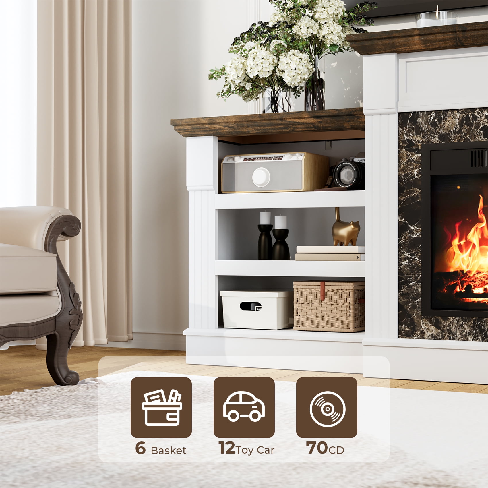 Winkalon 72" Fireplace TV Stand for 75 inch 80 inch TV, Electric Fireplace with Mantel, Farmhouse Entertainment Center with 23" Electric Fireplace, White Brown