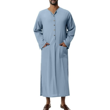 Xsylife Men Muslim Kaftan Three Quarter Sleeve Button Down Solid Color Round Neck Casual Robe with Pockets