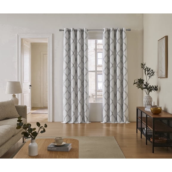 SUNSHIELD ESSENTIALS Brent Embroidery 100% Blackout Curtains for Living Rooms, 50” x 84”, Ivory/Gray
