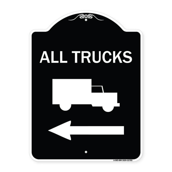 SignMission Designer Series Sign - Trucks Sign All Trucks (With Truck Symbol & Left Arrow) | Black & White 18" x 24" Heavy-Gauge Aluminum Architectural Sign | Made in the USA