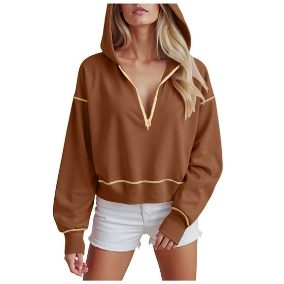 GEWSEY Women's 2025 Fall Hooded Sweatshirts Long Sleeve Half Zip Cropped Hoodies Pullover Winter Fashion Clothes (Brown, 3XL)