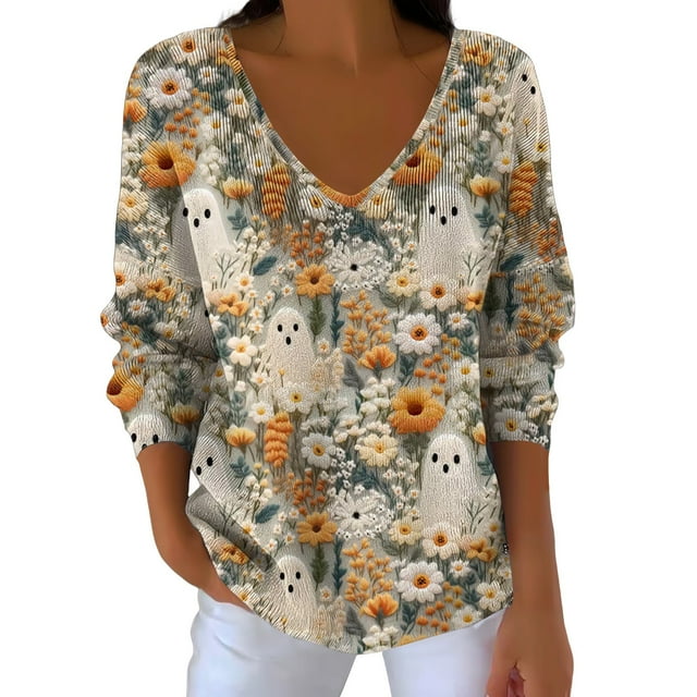 NMMUED Chandail d'Halloween pour Femmes Hauts d'Automne pour Femmes Chandails Citrouille pour Femmes Hauts à Manches Longues Chandail Raglan pour Femmes Tunique d'Halloween Chandails Tête de Mort pour Femmes Kaki 3TG