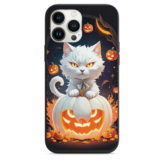 Halloween White Spooky Cat and Pumpkins Design Phone Case for iPhone 7 8 X XS XR SE 11 12 13 14 Pro Max Mini Note 10 20 s10 s10s s20 s21 20 Plus Ultra