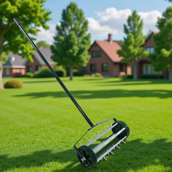 Heavy Duty Rolling Lawn Aerator,Rolling Lawn Aerator, Rotary Push Tine Spike Soil Lawn Aerator Gardening Tool with 3-Piece Long Steel Handle for Garden Yard Grass Maintenance