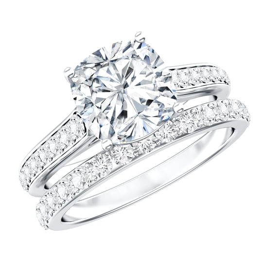 Rosec Jewels Cushion Cut Moissanite Wedding Ring Set for Women, 8 mm, D-VS1 Quality - 3 Carat Moissanite Engagement Ring with Band, 925 Sterling Silver, US 4.00