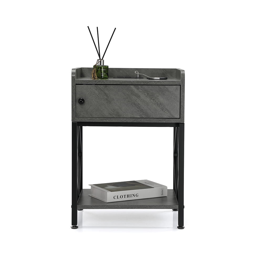 Resenkos Set of 2 Nightstand with Charging Station, Industrial Bedside Table with Storage Shelf for Bedroom Gray Resenkos Set of 2 Nightstand with Charging Station, Industrial Bedside Table with Storage Shelf for Bedroom Gray