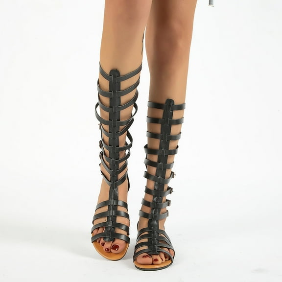 Oyedens Knee High Sandals Women Gothic Knee Length Low Heels Flats Ladies Dress Shoes For Party