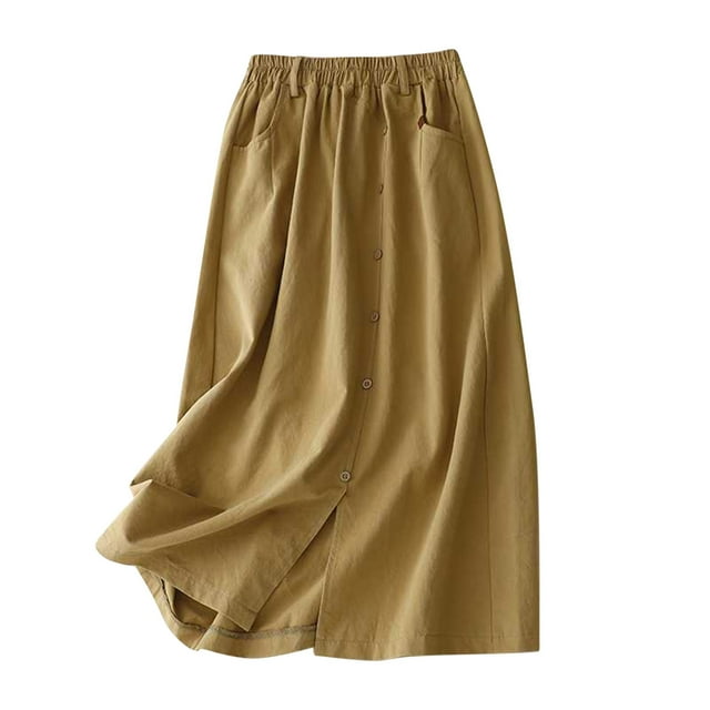 AherBiu Linen Skirts for Women A-Line High Waisted Ruched Loose Button Summer Casual Loose Long Skirt