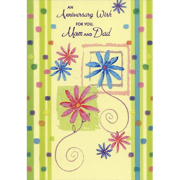 Designer Greetings Shimmering Blue and Pink Flowers with Green and Blue Vertical Stripes Wedding Anniversary Congratulations Card for Mom and Dad