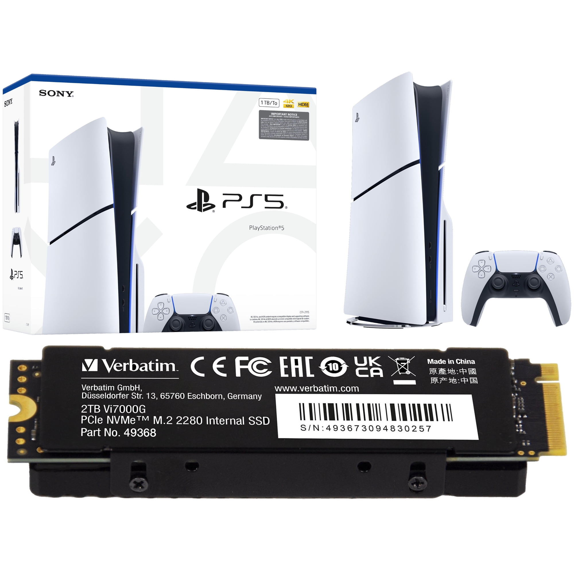 PlayStation 5 Disc Console Slim - 1TB with Verbatim 2TB Vi7000 PCIe NVMe M.2 2280 Internal SSD