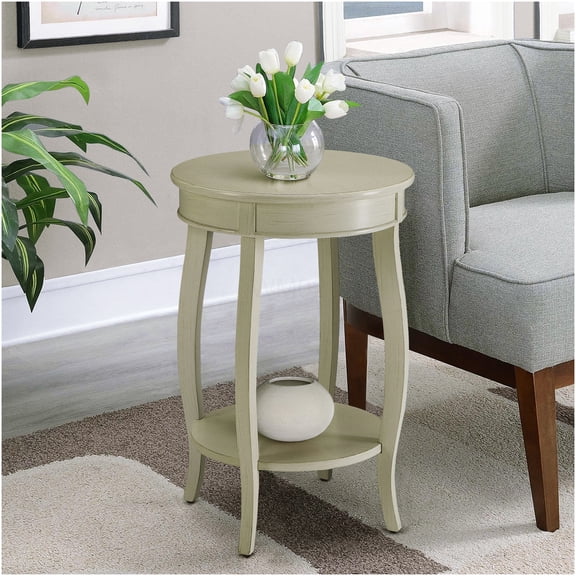 Antique White Round End Table with Bottom Shelf, Wood Side Table for Living Room, Bedroom, Accent Table with Storage