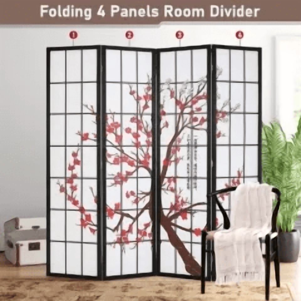 CL.HPAHKL 6Ft Tall 4 Panel Oriental Shoji Screen Room Divider, Portable Freestanding Partition Screen, Folding Privacy Divider With Oil Canvas for Room Separation, Dressing, Plum Blossom