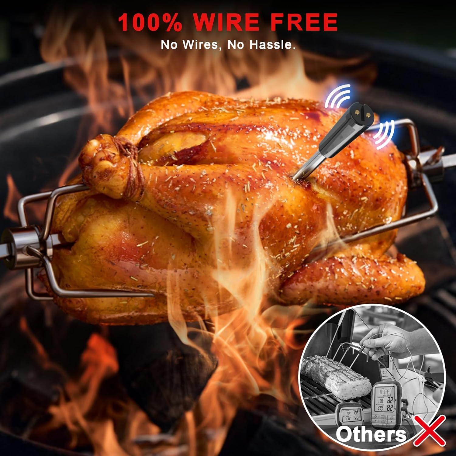 Cooking Thermometer with Dual Sensors for Oven Grill BBQ  Fryer, Wireless Meat Probe with App Control and Rechargeable Battery