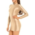 thumbnail image 2 of RUNQHUI Robe Moulante à Manches Longues Brillante pour Femmes Col Montant Lisse Extensible Mini Robes Café L, 2 of 6