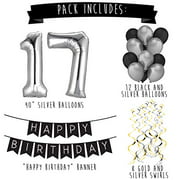 17Th Birthday Party Pack - Black  Silver Happy Birthday Bunting, Balloon, And Swirls Pack- Birthday Decorations - 17Th Birthday Party Supplies
