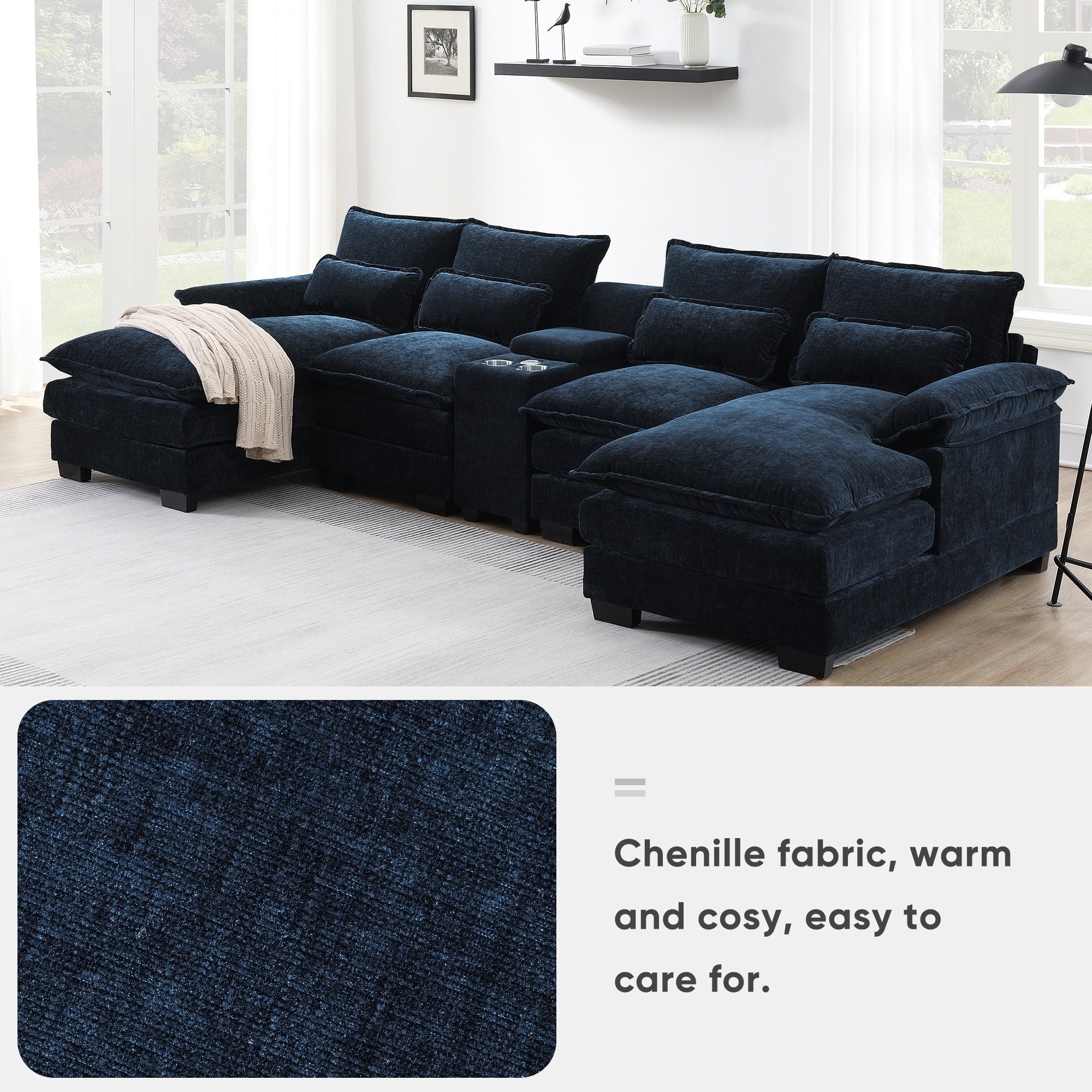 Harper & Bright Designs Sectional Sofa with Console and Cup Holders, Modern U Shaped Sofa Couch Sets with 2 Chaise Lounge, 4-seat Velvet Cloud Couch with USB Ports for Apartment Office, 123" Blue