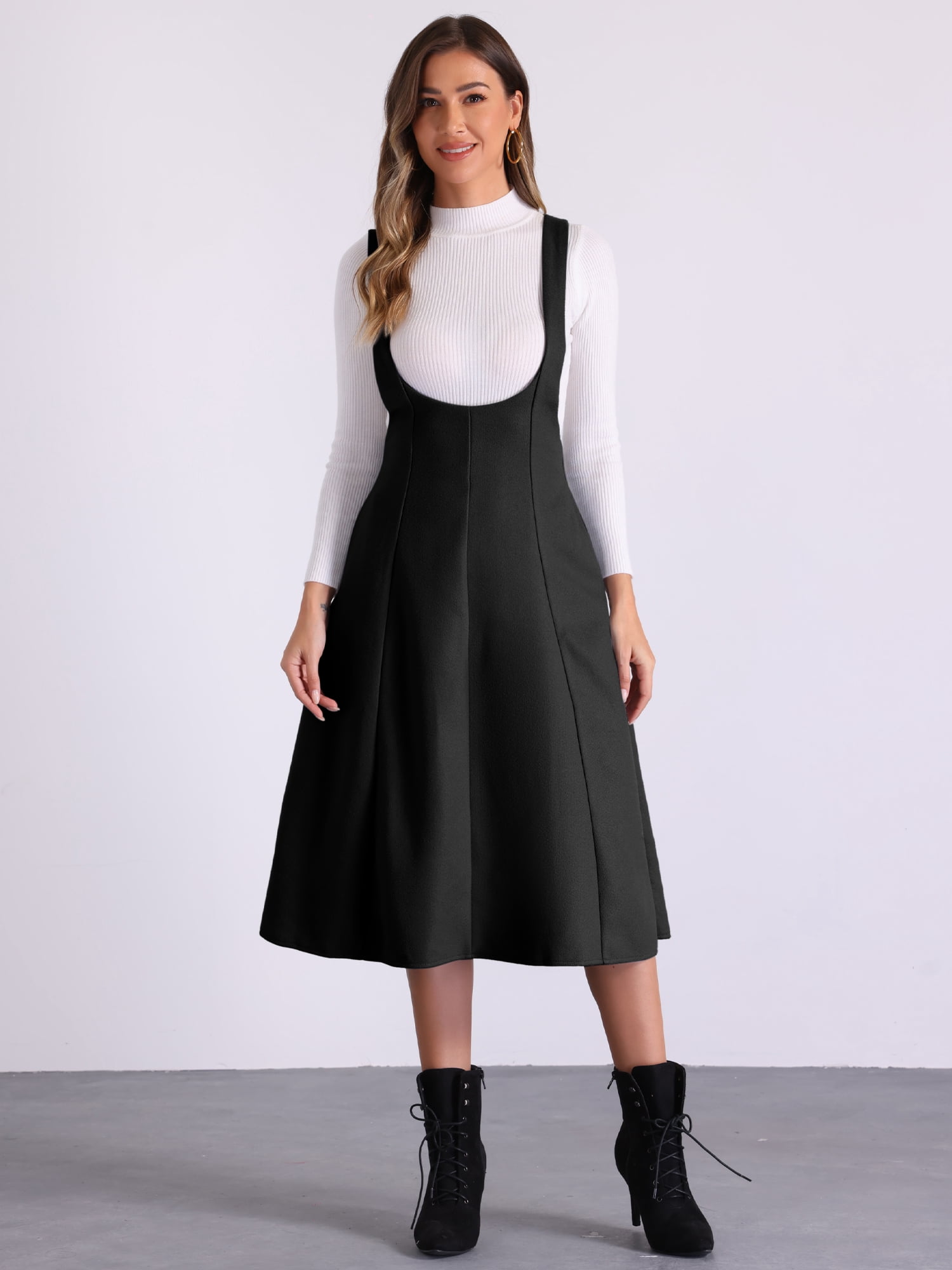 DARING DIVA Women's Cross Back A Line Elegant Overall Pinafore Dress S Black