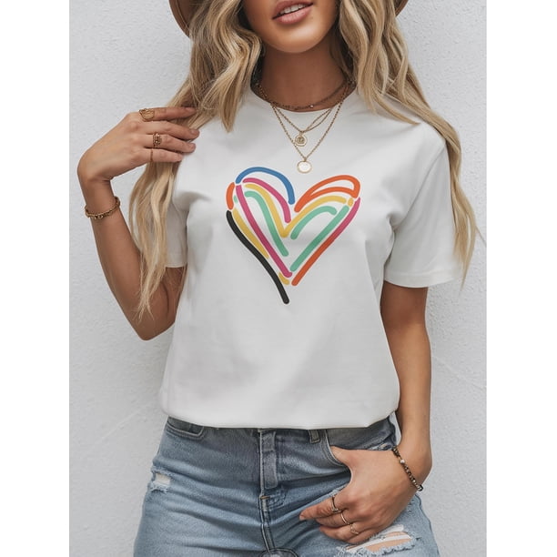 1 Women's "Be Kind" Rainbow Heart Graphic T-Shirt - 100%, Crew Neck, Short Sleeve, Regular Fit, Casual Knit Fabric, All-Season Wear, Machine Washable Tee For Adult, Men, Women, Teen, Teenager, Adoles