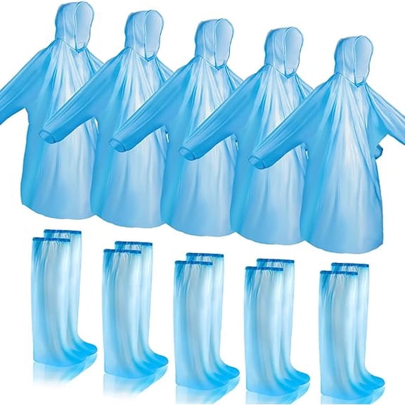 10 Pack Waterproof Disposable Rain Poncho Sets Include 5 Rain Disposable Poncho and 5 Pairs Shoe Boot Covers for Adults Women Men(Blue)