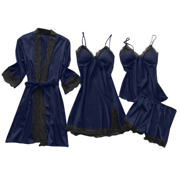 Ladies' Sexy Camisole With Built-in Bra Pajama Robe 4-Piece Set Loungewear Navy Blue Size S