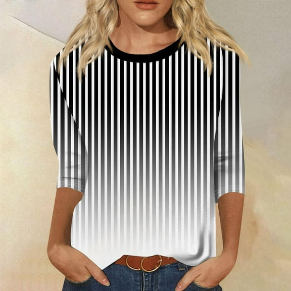 LEBONYARD Casual Shirts for Women,Women's Fashion Printed T-shirt 3/4 Sleeves Blouse Round Neck Casual Tops Black S