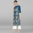 thumbnail image 4 of Janasya Indian Keyhole Neck 3/4 Sleeve Gold Print Turquoise Poly Crepe Kurta For Women, 4 of 6