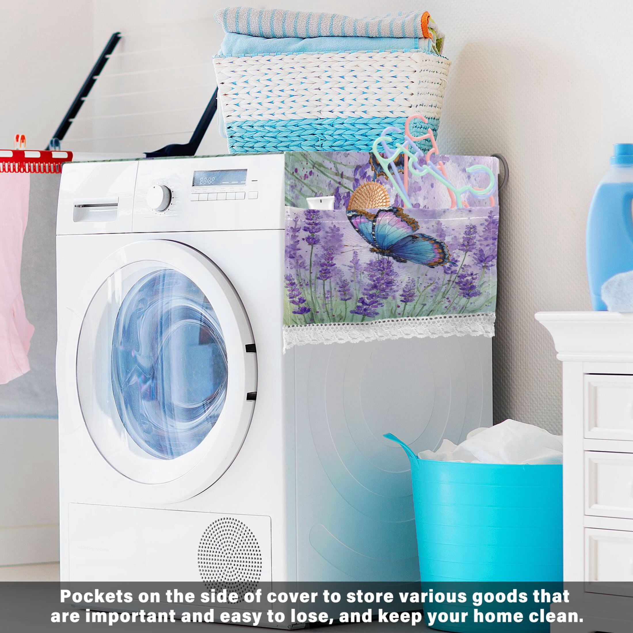 Wobogo Lavender Morpho Butterfly Washing Machine Cover Dustproof Washer Dryer Cover Waterproof Laundry Room Decorative Protector