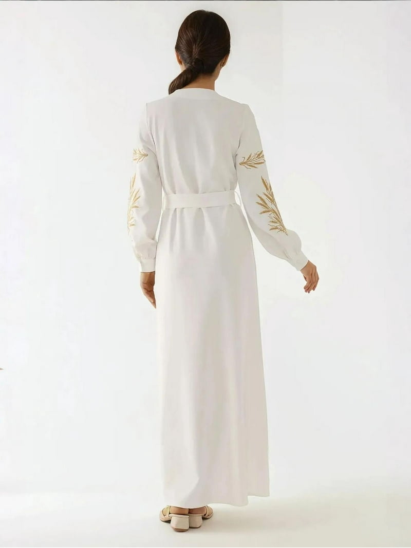 elegant jacket for dress Intricate Embroidery V Neck Jalabiya Dress with Shining Foil Finish