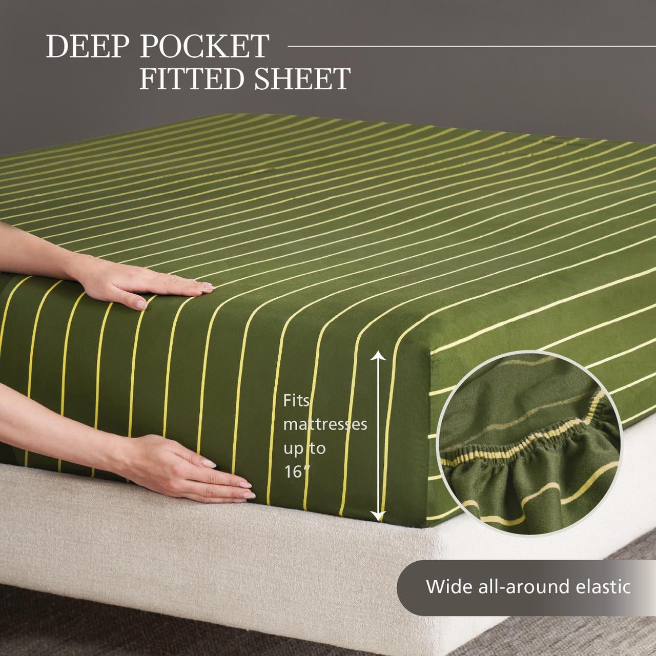 Mainstays 100% Cotton 4-Piece 220 Thread Count Dark and Light Green Stripe 100% Peached Cotton Dreamy Soft Bed Sheet Set, Full