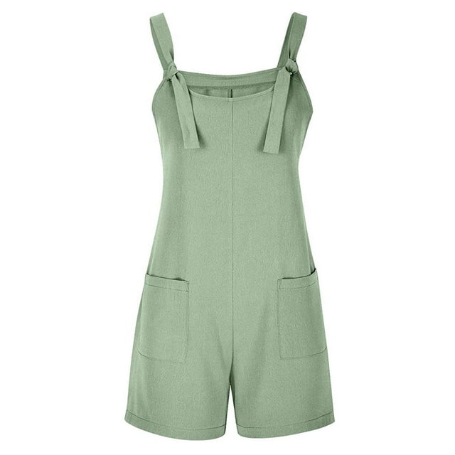 Kcodviy Combinaison Short en Lin à Bretelles Nouées pour Femme, Col Rond, Col Roulé, Manches Longues, avec Poche