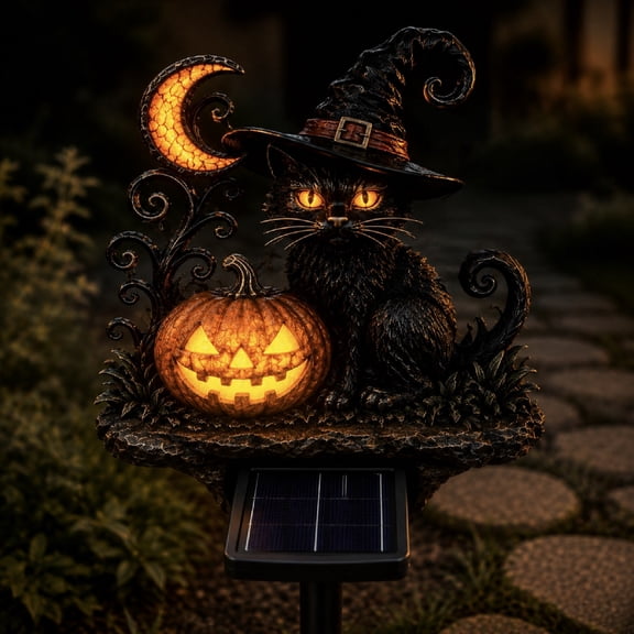 Halloween Decorations Outdoor Solar 6X18 Inch Black Cat Pumpkin Stake Light Solar Powered Spooky Halloween Decor for Yard Lawn 1 Pack