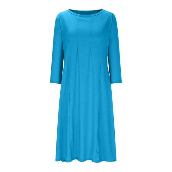 Efsteb Fall Fashion 2025 Plus Size Spring Dress for Women Pleated Round Neck Midi Dresses Solid Color Casual Work Dresses (Sky Blue,M)