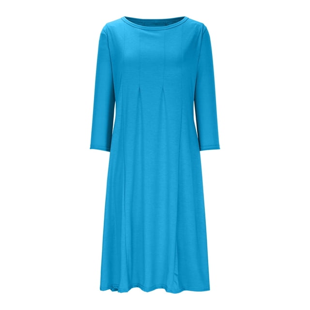 cfhntfmh Robes d'Automne pour Femmes Décontractées Manches 3/4 Col Ras du Cou Robe Midi Fluide Coton Doux Ample Plissée Robe de Vacances