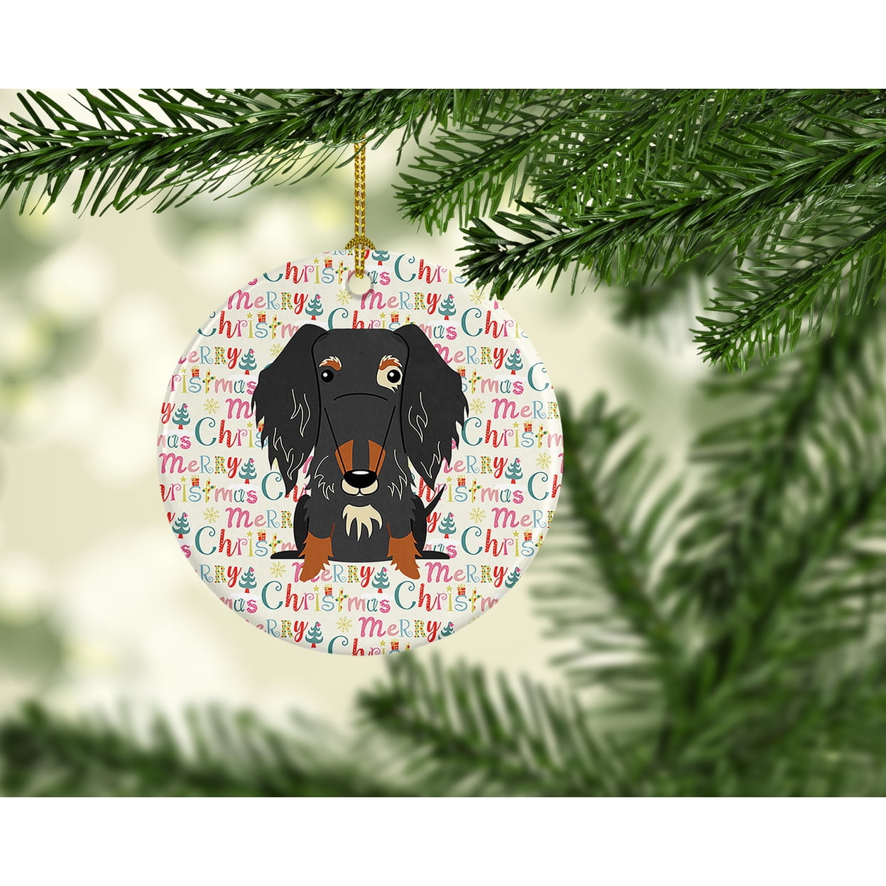 Merry Christmas Wire Haired Dachshund Dapple Ceramic Ornament 2.8 in x 2.8 in