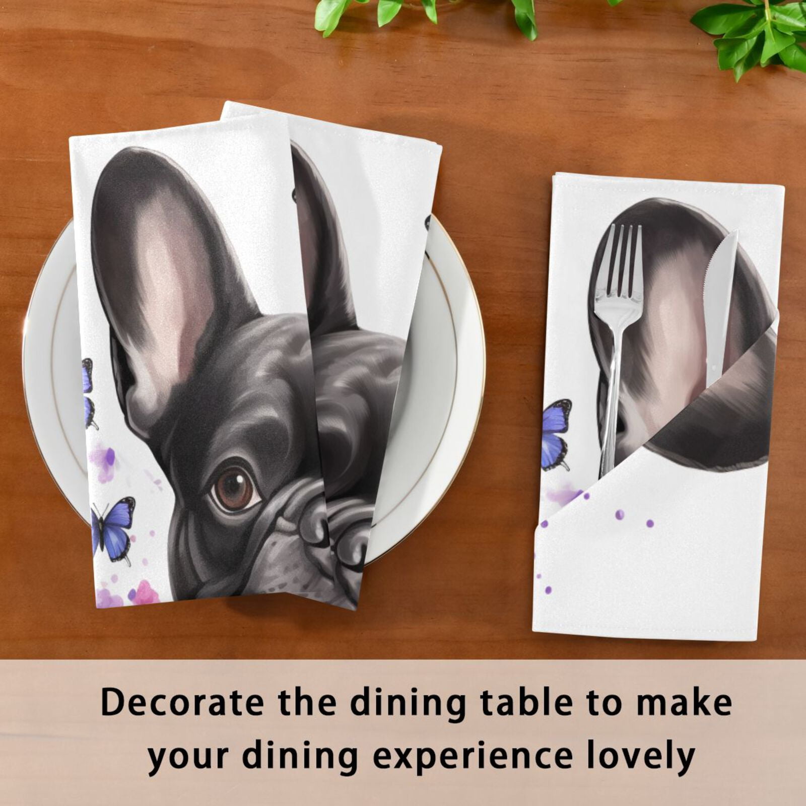 JSTEL Bulldog Puppy Butterfly Cloth Napkins Set of 6, 20x20 Inch Washable and Reusable Napkin for Decoupage Dinner Party Everyday Use
