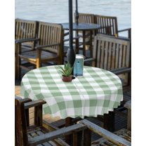 Sage Green Buffalo Plaid Outdoor Tablecloth - 60 Inch Round Dining Table Cover, Green White Checkered Farmhouse Waterproof Outdoor Table Cloth with Umbrella Hole & Zipper for Picnic/Patio